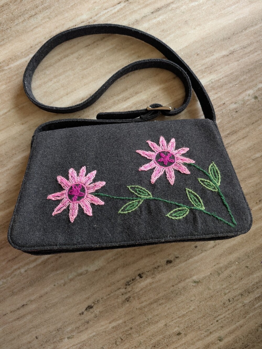 Vintage Wool Blend -Black Floral Embroidered Crossbody Bag